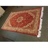 @Keshan carpet, red and cream patterned, 90 1/2 ins x 62ins