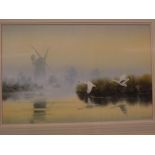 A Wincup, signed, watercolour, Swans alighting over Broads by a mill, 12 x 18ins