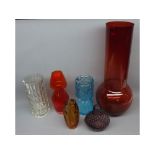 Group of six 20th century glass vases, to include red glass cylindrical vase, two Whitefriars