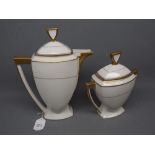 Art Deco influenced white and gilded Limoges coffee pot, of conical form; together with matching