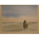 Rawlinson, signed watercolour, Figures on a beach, 10 1/2 x 14ins