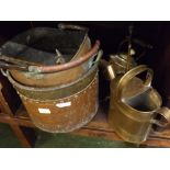 Mixed Lot: two various copper vessels, each with swing handles, assorted fire tools, watering can