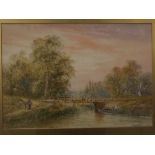 Edwin Lewis, signed, group of three watercolours, Country scenes and coastal view, assorted sizes (
