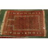 Caucasian rug, multi gull border, central panel of geometric foliage, mainly puce, beige and brown