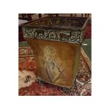 Embossed metal and painted waste paper basket of waisted square form, height 14 1/2 ins