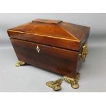 Late Regency period rosewood tea caddy of sarcophagus shape, two tea containers and replacement