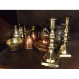 Small collection of Victorian and later metal wares including a pair of 7ins brass candlesticks,