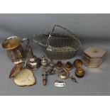 Group of silver plated wares including wire work wine bottle holder, wine funnel, tea caddy, mug etc