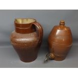 Large stoneware jug with impressed design, together with a further stoneware barrel with ribbed