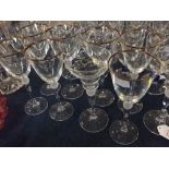 Set of 6 modern clear glass wine glasses with clear column and frosted ball, gilded rim, together