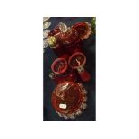 Mixed Lot: cranberry wares to include a pair of circular salts with shaped base and vaseline