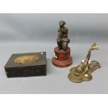 20th century brass wyvern door knocker together with a classical kneeling bronze figure on a