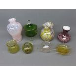 Mixed Lot: 8 pieces of 20th century coloured glass wares to include three mottled glass vases, green