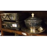 Mixed Lot: set of three electroplated serving dishes, each of rectangular form with treen mounted