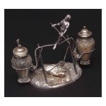 Late 19th century electro-plated three-piece cruet stand modelled in the form of a tightrope