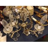 Pair of modern chromium three-branch light fittings with glass droplets, rococo style detailing,