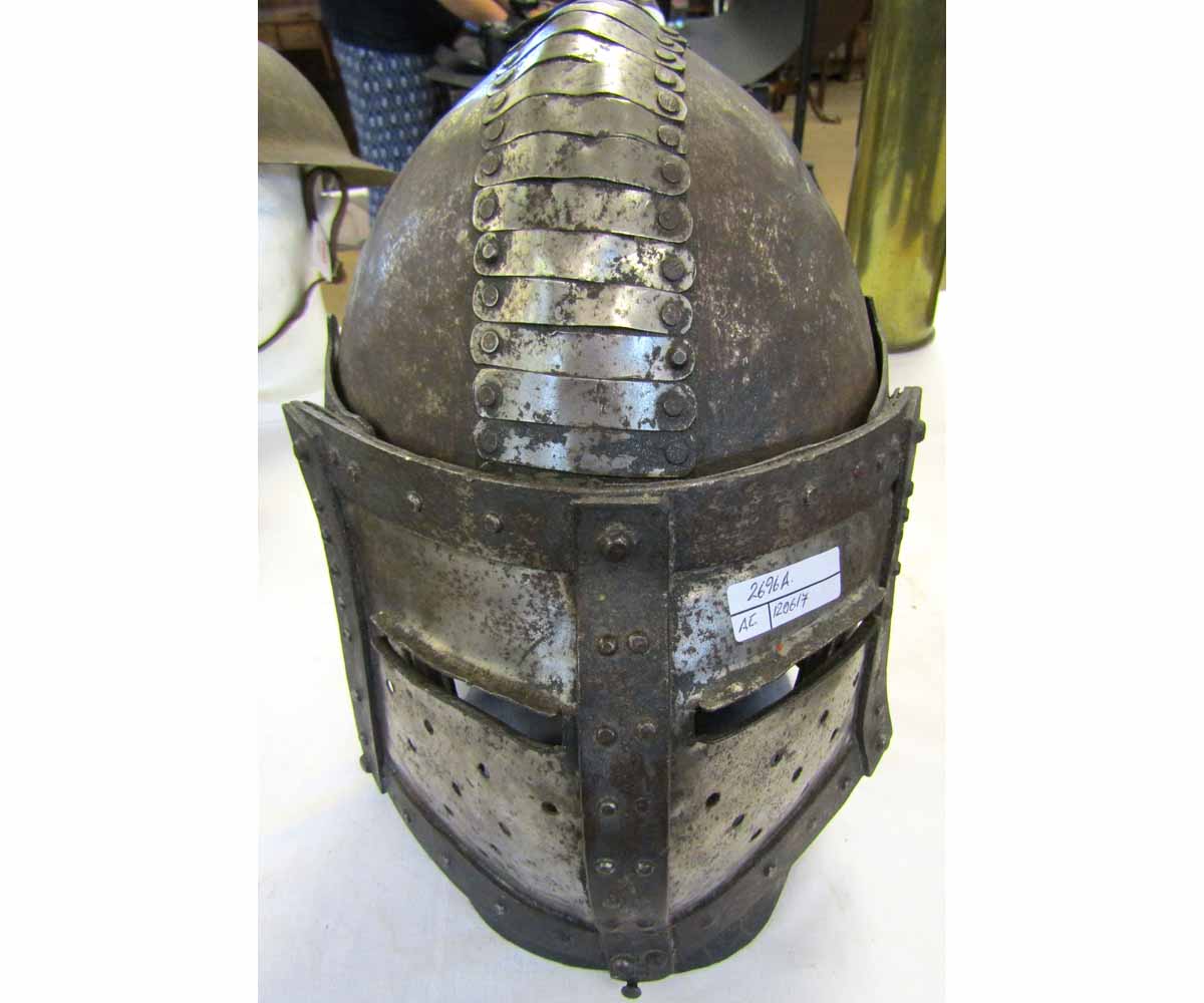 Modern iron helmet of hinged and riveted construction (face guard rivets lacking), height 12 ins