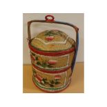 Painted split cane basket with over handle and pull off cover, height 18ins