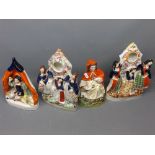 Four Staffordshire flat back figure groups to include Red Riding Hood, seated model of a gent in