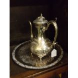 Victorian style silver plated coffee pot and an engraved circular silver plated tray (2)