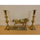 Group comprising a heavy brass ornament of a saddled horse on rectangular base, 9 1/2 ins long,