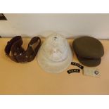Group comprising a Sam Brown leather belt with metal fittings, REME khaki cap with badge and arm