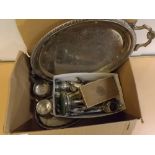 Box of assorted plated wares including two-handled tea tray, tea wares, condiments, flatwares