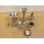 Small box of plated wares etc including condiments, metal cased pocket watch (qty)