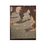 After Norman Wilkinson, World War II lithograph of a Naval Scene, 29 x 22ins, unframed (A/F)