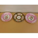 Pair of 19th century, possibly Coalport, plates with painted floral detail in centre, puce border,