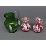 Mary Gregory green glass jug with clear reeded handle, enamel painted scene, together with a pair of