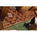 Large vintage Kelim wool rug, diamond and other geometric patterns in orange, black, green and