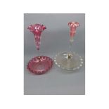 Cranberry single flute epergne with crimped base, single fluted cranberry epergne with clear shell