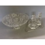 Part clear cut glass dressing table suite comprising pair of hexagonal formed candlesticks,