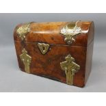 Victorian small burr walnut dome top stationery box with engraved brass strapwork decoration, the