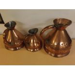 Group of three Victorian copper measures of typical form "2 gallon", "1 gallon" and "half-gallon",