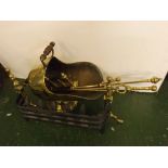 Group of assorted Victorian and later brasswares including helmet coal scuttle, three fire irons,