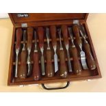 Wooden cased Clarke set of 11 assorted woodworking chisels