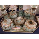 Hand painted Japanese dressing table set comprising a hair tidy, hexagonal lidded container, ring