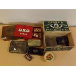 Group of vintage tins and boxes including red breast flake tin, OXO tin, "Crane's Servant's friend