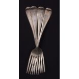 Four Hanoverian pattern dinner forks, initialled, length 7 7/8 ins, combined weight approx 252gms,