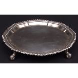 Elizabeth II card tray of shaped circular form with cast and applied gadrooned border to a