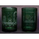 Two early 20th century Bohemian green glass beakers of cylindrical form, each etched with Masonic