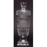 Bohemian clear glass covered goblet, the upper body etched with Masonic type and architectural
