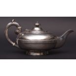 Victorian Irish teapot of compressed circular form with hinged and domed cover, reeded and girdled