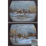 Small Daum Nancy ovoid vase raised and painted in colours with winter scene of trees and village,