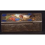 Continental silver gilt and enamelled lipstick holder of rectangular form, the paste set cabochon