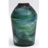 Iridescent glass container applied with a base metal rim (possibly former lamp base), and