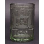 Large Bohemian glass oversized beaker of cylindrical form, the upper body engraved with Masonic