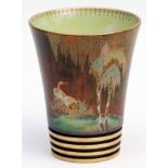 Carlton Ware Rouge Royale trumpet vase decorated with a new Stork pattern, raised on a gilded and